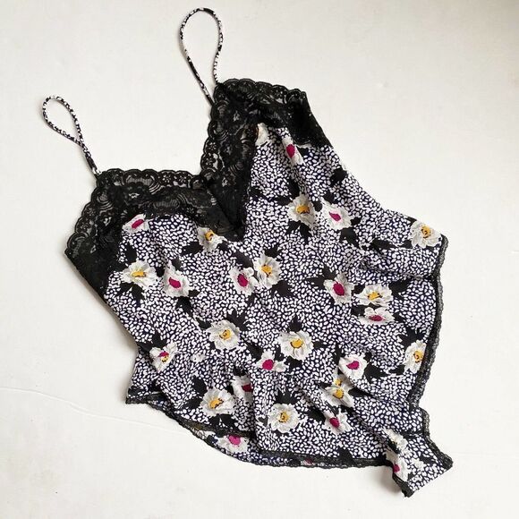 Vintage Other - Vintage Delicates Teddy Bodysuit Satin Floral Lace Hi-Leg Black Size S